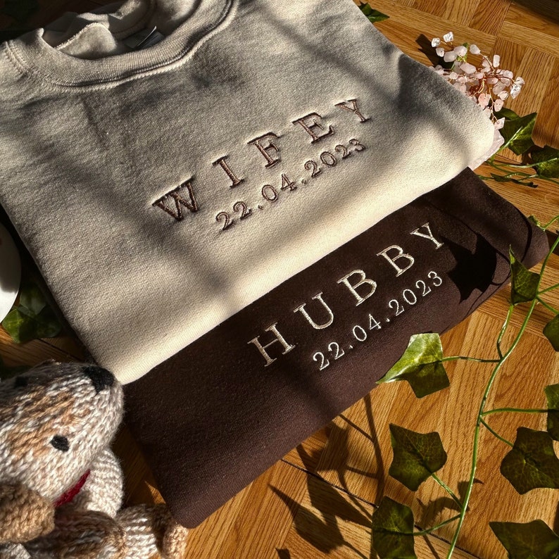 Custom Year Wifey Hubby Embroidered Valentine Sweatshirt Matching Couples Jumper Trendy Girlfriend Gift Unisex Wedding Gift Husband Crewneck image 1