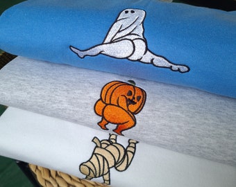 Embroidered Sweatshirt, Cute Ghost Embroidered Crewneck, Funny Halloween Pumpkin Sweater, Spooky Season Character Sweatshirt, Halloween Crew