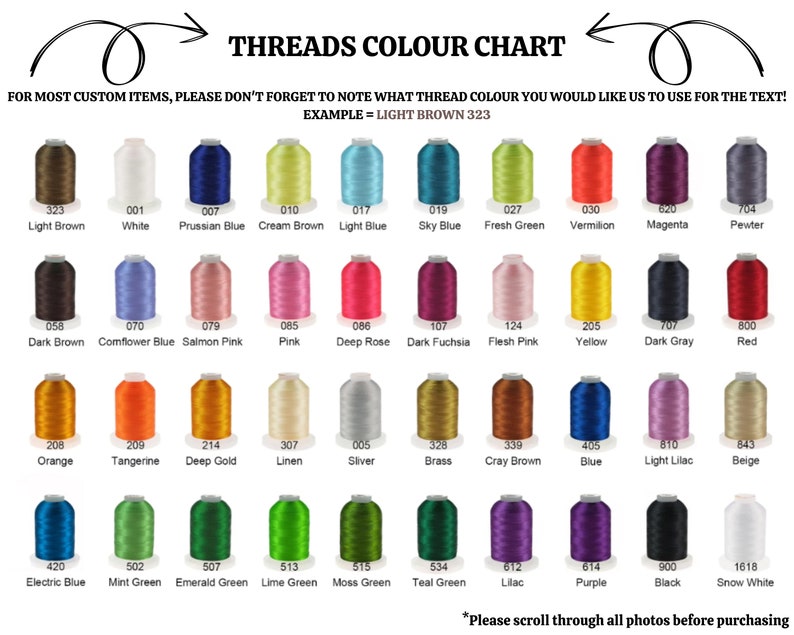 May include: A color chart of embroidery thread spools with corresponding numbers and names for each color. The colors include light brown, white, Prussian blue, cream brown, light blue, sky blue, fresh green, vermilion, magenta, pewter, dark brown, cornflower blue, salmon pink, pink, deep rose, dark fuchsia, flesh pink, yellow, dark gray, red, orange, tangerine, deep gold, linen, silver, brass, cray brown, blue, light lilac, beige, electric blue, mint green, emerald green, lime green, moss green, teal green, lilac, purple, black, and snow white.