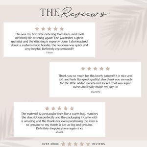 May include: A beige graphic with the text "THE Reviews" in a handwritten font. The graphic includes customer reviews with star ratings and testimonials about product quality and customer service. The reviews are from Trish, Lauren, and Amber.