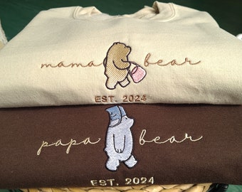 Custom Mama and Papa Bear Embroidered Annivesary Date Sweatshirt, Personalised Parents Jumper Embroidered Sweatshirt