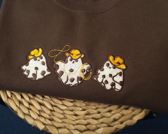 Haftowany duch kowboja na Halloween, bluza z kowbojem na Halloween, haftowany okrągły kołnierz z duchem, upiorna bluza, prezent dla niej z duchem na Halloween