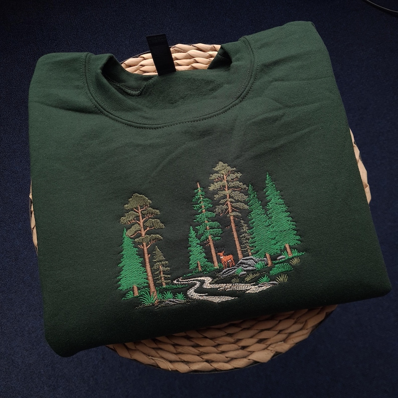 Forest Embroidered Sweatshirt, Deer Woodland Crewneck, Nature Landscape Jumper, Hiking Sweatshirt, Outdoor Lover Hoodie Gift image 6