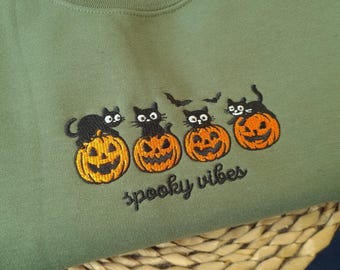 Embroidered Black Cat Sweatshirt, Cat Halloween Sweatshirt, Embroidered Cat Crewneck, Spooky Cat Sweatshirt, Halloween Pet Lover Gift