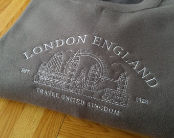 Sweat brodé vintage Londres Angleterre, col rond vintage City, sweat London City, col rond unisexe, cadeau rétro pour elle