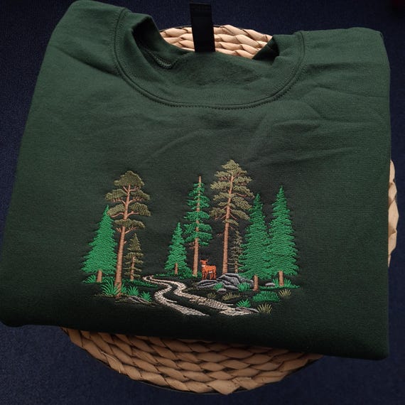 Forest Embroidered Sweatshirt, Deer Woodland Crewneck, Nature Landscape Jumper, Hiking Sweatshirt, Outdoor Lover Hoodie Gift