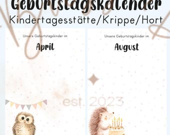 Birthday calendar for children, group room calendar, calendar for children, birthday overview, annual calendar for children, daycare school calendar,pdf