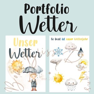 Puede incluir: Fondo azul claro con las palabras "Portfolio Wetter" en escritura negra. Dos ilustraciones de acuarela representan temas meteorológicos. Una muestra a un niño con un paraguas, la otra iconos del tiempo. El texto incluye "Unser Wetter" y "So bunt ist unser Wetterjahr."