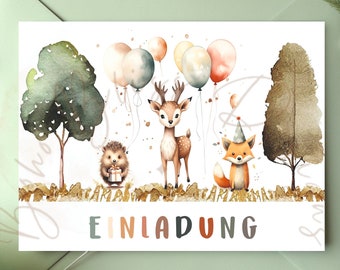 Einladung Wald, Einladung zum Kindergeburtstag Waldtiere, Einladung Kindergeburtstag, Einladung Waldparty, Waldtiere Einladung,eCard digital