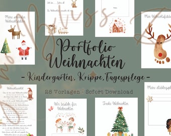 May include: A collection of watercolor Christmas-themed portfolio pages. The pages feature illustrations of Santa Claus, reindeer, Christmas trees, and children. Text includes "Portfolio Weihnachten" and "28 Vorlagen - Sofort Download."