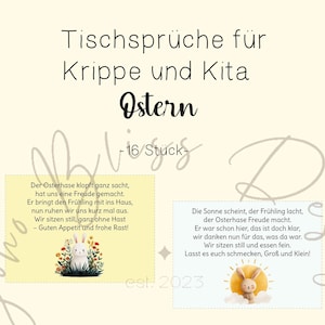 Può includere: Una carta color crema con testo in tedesco, "Tischsprüche für Krippe und Kita Ostern," e due illustrazioni a tema pasquale. Una mostra un coniglietto in un campo di fiori, l'altra un coniglietto al sole. La carta dice "16 Stück."