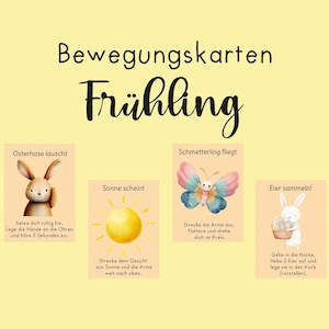 Może przedstawiać: Zestaw czterech ilustrowanych kart z wiosennymi aktywnościami, przedstawiających królika, motyla, słońce i królika z jajkami. Karty znajdują się na żółtym tle z napisem "Frühling" u góry.