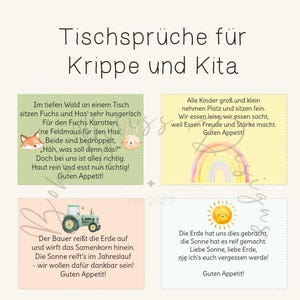 Può includere: Stampa color crema con quattro biglietti illustrati con testo in tedesco. I biglietti presentano immagini di una volpe, un coniglio, un arcobaleno, un sole e un trattore. Il testo è scritto a mano e parla dell'ora dei pasti.
