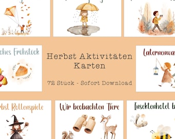 May include: A set of watercolour illustrations on white cards, depicting autumn activities. The cards show images of kite flying, puddle jumping, a nature walk, a harvest breakfast, lantern walks, and other activities. German text is included.