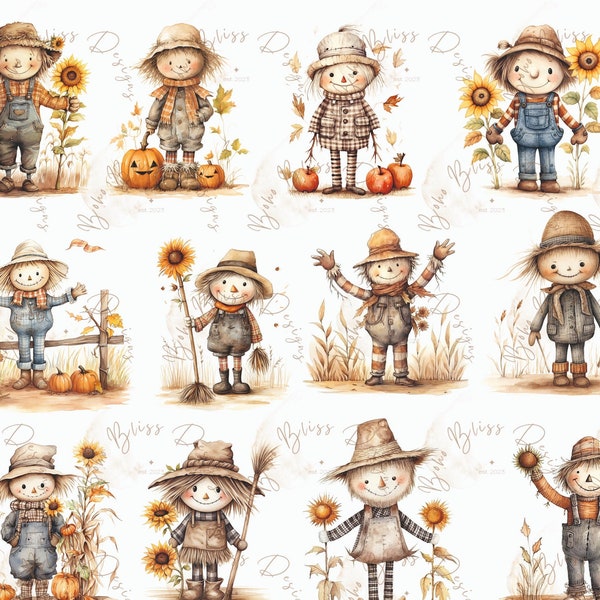 Vogelscheuche Clipart, Herbst Clipart, Scarecrow Clipart PNG, Watercolor Harvest Farm Sublimation, Autumn Decor, Autumn png for tshirts