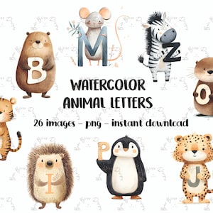 Könnte beinhalten: Aquarell-Tierbuchstaben mit einem Bären mit dem Buchstaben B, einer Maus mit M und einem Zebra mit Z. Weitere Tiere sind ein Tiger, ein Otter, ein Igel, ein Pinguin und ein Leopard, die jeweils einen Buchstaben halten. Der Text lautet "Watercolor Animal Letters".