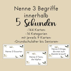 Könnte beinhalten: Beiges Kartenspiel mit dem Text "Nenne 3 Begriffe innerhalb von 5 Sekunden". Enthält 144 Karten, 16 Kategorien und 9 Karten pro Kategorie. Das Spiel ist für Kinder und Senioren.