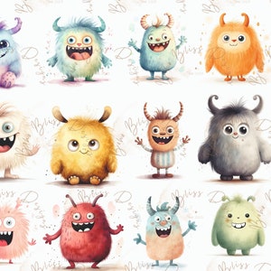 Clipart de monstre mignon, carte d'anniversaire de monstre, clipart de monstre, clip art de monstre, svg de monstre, autocollants de monstre, clipart de monstres aquarelles