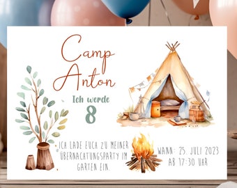 Karte Einladung Kindergeburtstag Einladungskarte Kinder Motto Camping Abenteuer Party Digital Druckbar Personalisiert DIN A5 für Kinder