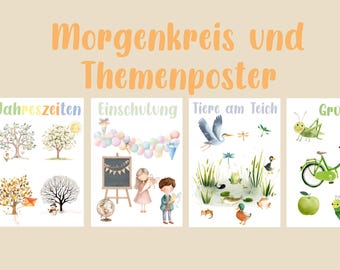 Op de afbeelding: Een set aquarelposters met Duitse tekst, waaronder "Morgenkreis und Themenposter". De posters tonen illustraties van seizoenen, school, vijverleven en de kleur groen, met een fiets, appel en rups.