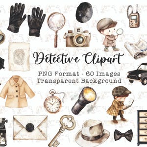Watercolor Detective Clipart, Detective Graphics, Mystery clipart, crime scene clipart, investigator clipart,detective images,Cute Detective