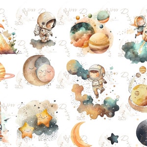 Clipart Espace Astronaute Affiche de Pépinière Anniversaire d'Enfants Espace Aquarelle Clipart Fournitures de Fête Transparent PNG Téléchargement Instantané