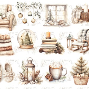 Cozy Winter Clipart, watercolor cozy winter, christmas clipart, hot cocoa, cake, gift boxes, xmas time, watercolor winter, cozy clipart