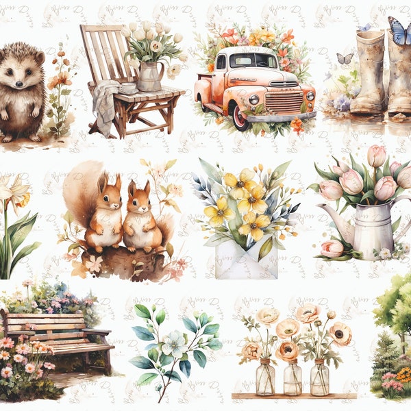 Spring Clipart, Spring Garden Watercolor Clipart, Watercolor Spring Clipart, Spring graphics, floral spring art, Spring illustrations