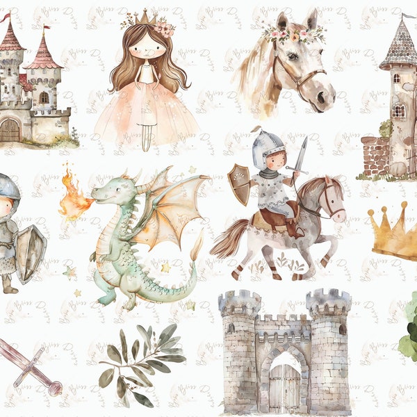 Mignon médiéval ville Clipart Bundle, aquarelle Moyen Âge, chevalier, château, princesse, Dragon, fantaisie, aquarelle médiévale Clipart, chevalier png