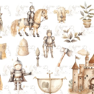 Clipart Ritter Kindergeburtstag Einladung Mittelalter Drachen Knight Digital Watercolor Images Transparent Sofortiger Download PNG Printable