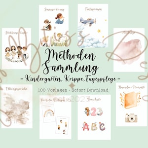 Puede incluir: Colección de tarjetas ilustradas con diseños de acuarela y texto en alemán. Las tarjetas presentan imágenes de niños, un avión y otras ilustraciones. El título "Methoden Sammlung" se muestra de forma destacada.