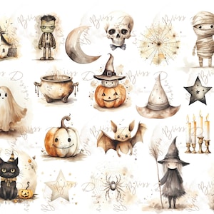 Clipart de Halloween Acuarela Clipart de Halloween Lindas decoraciones Calabazas Fantasma Murciélago png Clipart para uso comercial Otoño Decoración digital