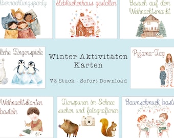 May include: A set of illustrated cards with winter activity themes. The cards feature watercolor images of children, animals, and winter scenes, with German text. The cards are designed for winter activities and include the text "Winter Aktivitäten Karten".