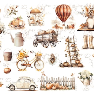 Imágenes prediseñadas de elementos de otoño en acuarela, celebración de otoño, imágenes prediseñadas de calabaza, piña, flores de otoño en acuarela, imágenes prediseñadas de otoño, follaje oxidado
