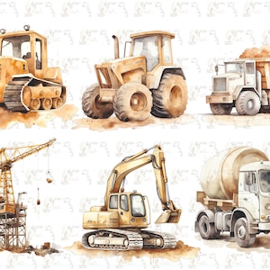 Clipart di scavatori di costruzione ad acquerello, clipart di costruzione ad acquerello, clipart ragazzo, download di veicoli da costruzione, bulldozer, camion di cemento