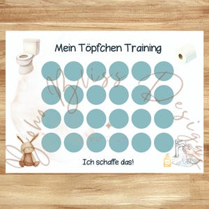 May include: A white chart with the text "Mein Töpfchen Training" and "Ich schaffe das!" features a toilet, a roll of toilet paper, a stuffed bunny, and a handwashing illustration. Twenty-one teal circles are arranged on the chart.
