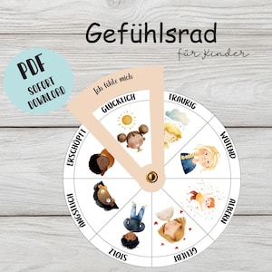 Puede incluir: Una rueda de emociones para niños, con ilustraciones de diferentes sentimientos. La rueda incluye las palabras alemanas "Gefühlsrad" y "für Kinder", y las frases "Ich fühle mich" y "SOFORT DOWNLOAD".