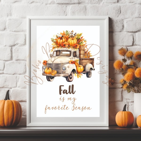 Pumpkin Printable Wall Art, pumpkin print, Rustic fall print, Pumpkin Watercolour painting, Truck With Pumpkins for Autumn Sublimation, pdf