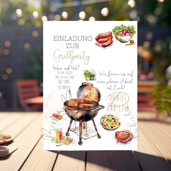 Einladung Grillen Grillparty Grillfest Barbecue BBQ Gartenparty Chill & Grill It's Party Time Din A5 digital druckbar personalisiert
