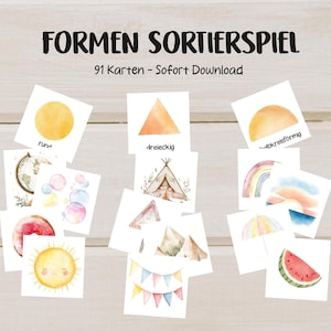 Puede incluir: Un conjunto de tarjetas ilustradas para un juego de clasificación de formas. Las tarjetas presentan imágenes de acuarela de un sol, un arcoíris y otros objetos. El texto "FORMEN SORTIERSPIEL" y "91 Karten - Sofort Download" se muestra en la parte superior.