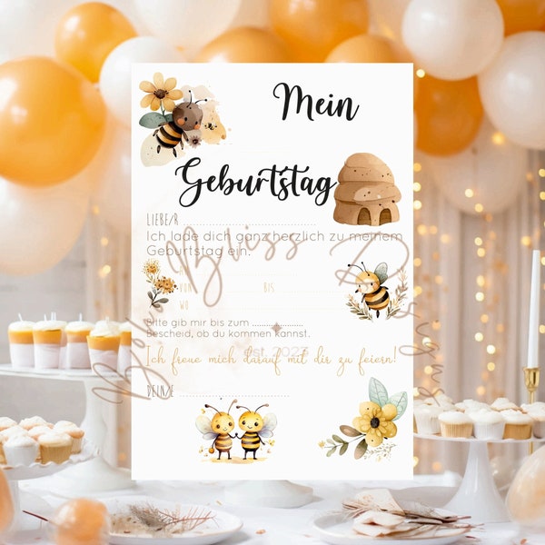 Children's birthday invitation, postcard bee, card bee, invitation card bee, invitation bees, bee birthday invitation, bee card