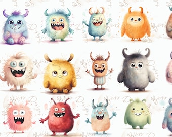 May include: A collection of 12 colorful, cartoon-style monsters with different expressions and features. The monsters are all furry and have large eyes. They are set against a white background.