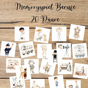 Puede incluir: Un juego de memoria de 20 pares de cartas con ilustraciones en acuarela de varias profesiones. Las cartas están dispuestas sobre una superficie de madera e incluyen imágenes de médico, chef, bombero, etc. El texto "Memoryspiel Berufe" es visible.