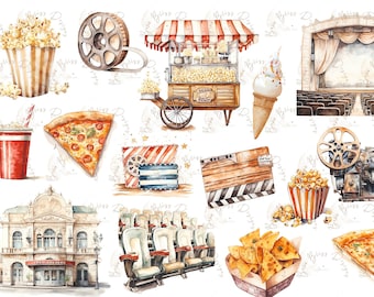 May include: Watercolor illustration of movie theater themed items, including popcorn, pizza, ice cream, a movie projector, a film reel, a movie theater building, and a popcorn cart.