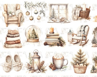 Cozy Winter Clipart – PNG Set with Fireplace, Hot Cocoa, Blankets & Holiday Decor