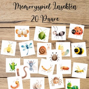 May include: A set of 20 pairs of insect-themed memory game cards. Each card features a watercolor illustration of a different insect, including a butterfly, ladybug, bee, and ant. The cards are arranged on a wooden surface.