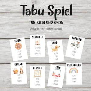Può includere: Un gioco "Tabu Spiel" con carte che presentano illustrazioni di una pizza, un'altalena, un cane, una bicicletta, un coniglietto pasquale, una finestra, un cinema e un arcobaleno. Il testo sulle carte è in tedesco.
