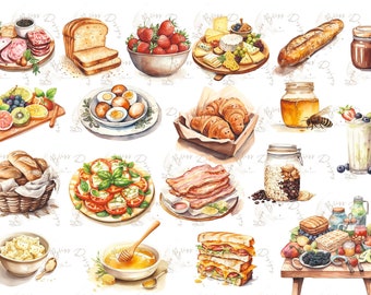 Brunch Clipart, Breakfast Clipart, Food Clipart, Coffee Clipart,Lunch Clipart,Watercolor Breakfast Foods Clipart,bacon,toast,tea, pancakes