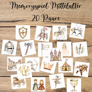 Può includere: Un gioco di memoria a tema medievale, composto da 20 coppie di carte. Ogni carta presenta illustrazioni ad acquerello di cavalieri, castelli, corone e altre immagini. Il testo "Memoryspiel Mittelalter 20 Paare" è in alto.