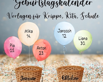 Birthday calendar for children, group room calendar, calendar for children, birthday overview, annual calendar for children, daycare school calendar,pdf